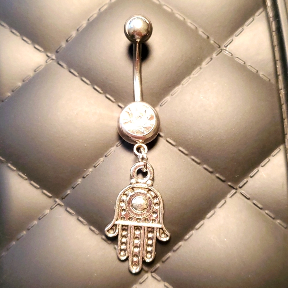 Belly button ring stainless steel jeweled hand with eye